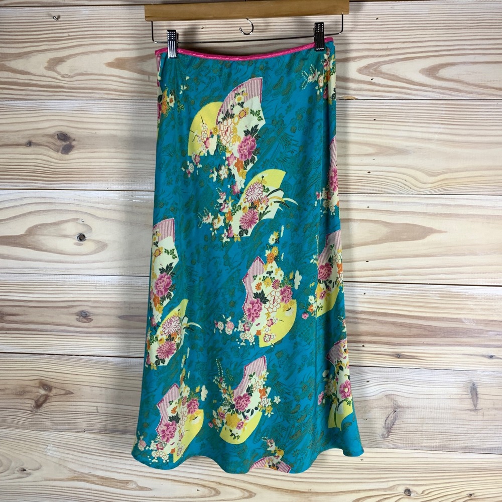 Y2K Melissa Skirt Women Medium Teal Blue Floral Fan‎ Asian Midi Skirt Delicate - Picture 2 of 8